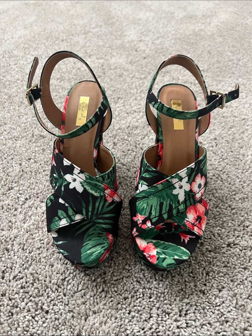 Tropical Floral Ankle-Strap Wedges - Black with Green & Pink Floral